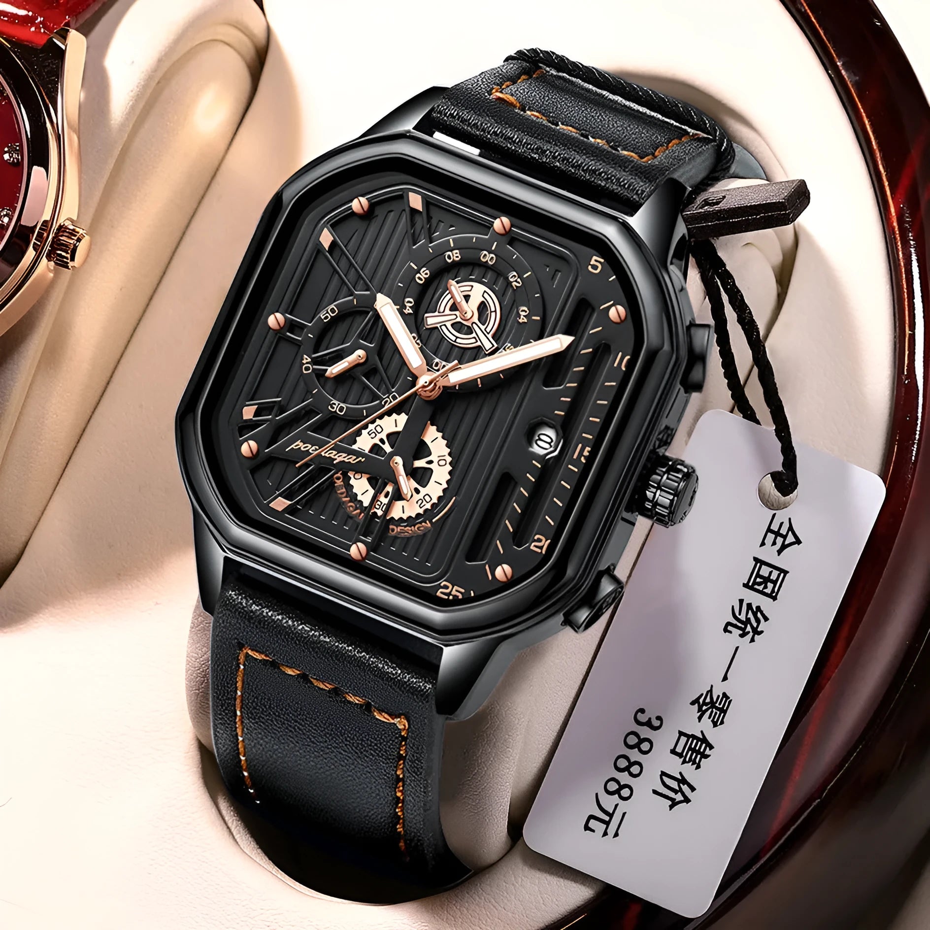Men's belt-style quartz sports watch showing black or gold shell options with nail accents on a wrist.