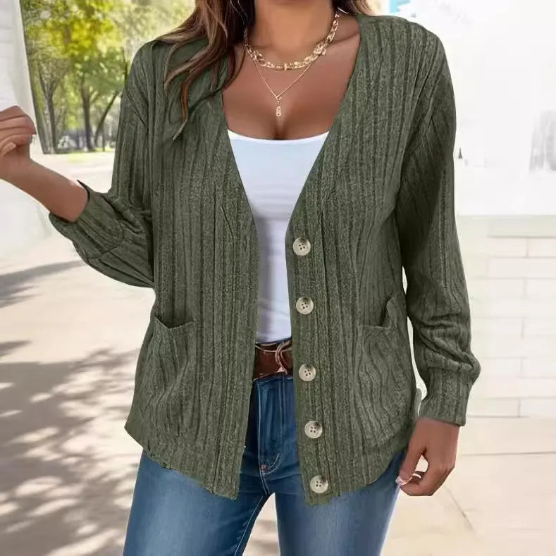 Women's loose fit V-neck long sleeve button front cardigan in light gray, available in sizes S to 5XL