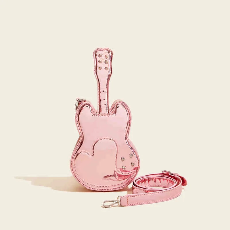 Guitar-shaped creative arts crossbody shoulder bag with adjustable strap in multiple colours