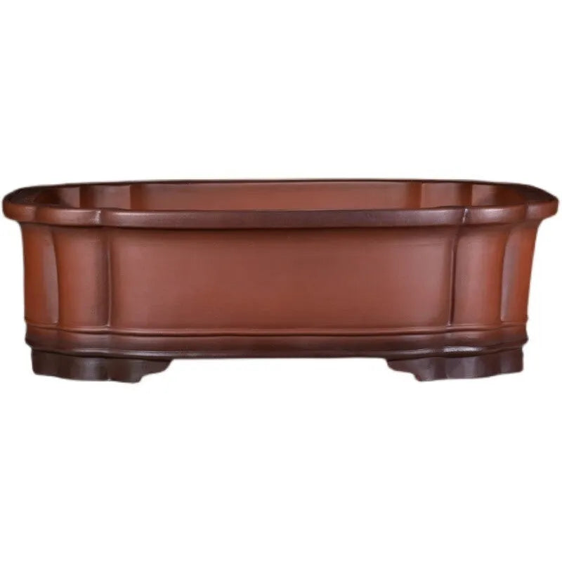Large antique-finish purple clay Chinese style garden flower pot showing its size and deep planting cavity.