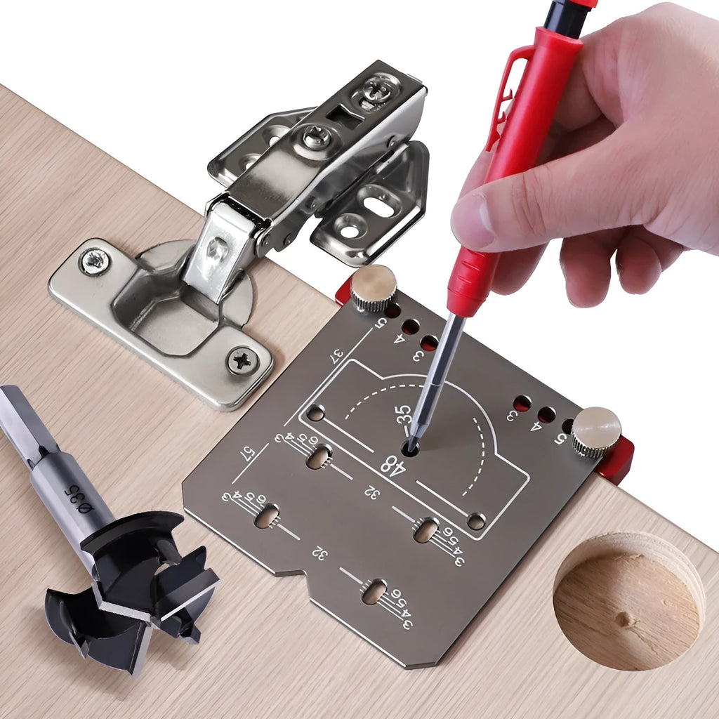 35mm hinge punch locator tool with adjustable margin settings for cabinet door installation