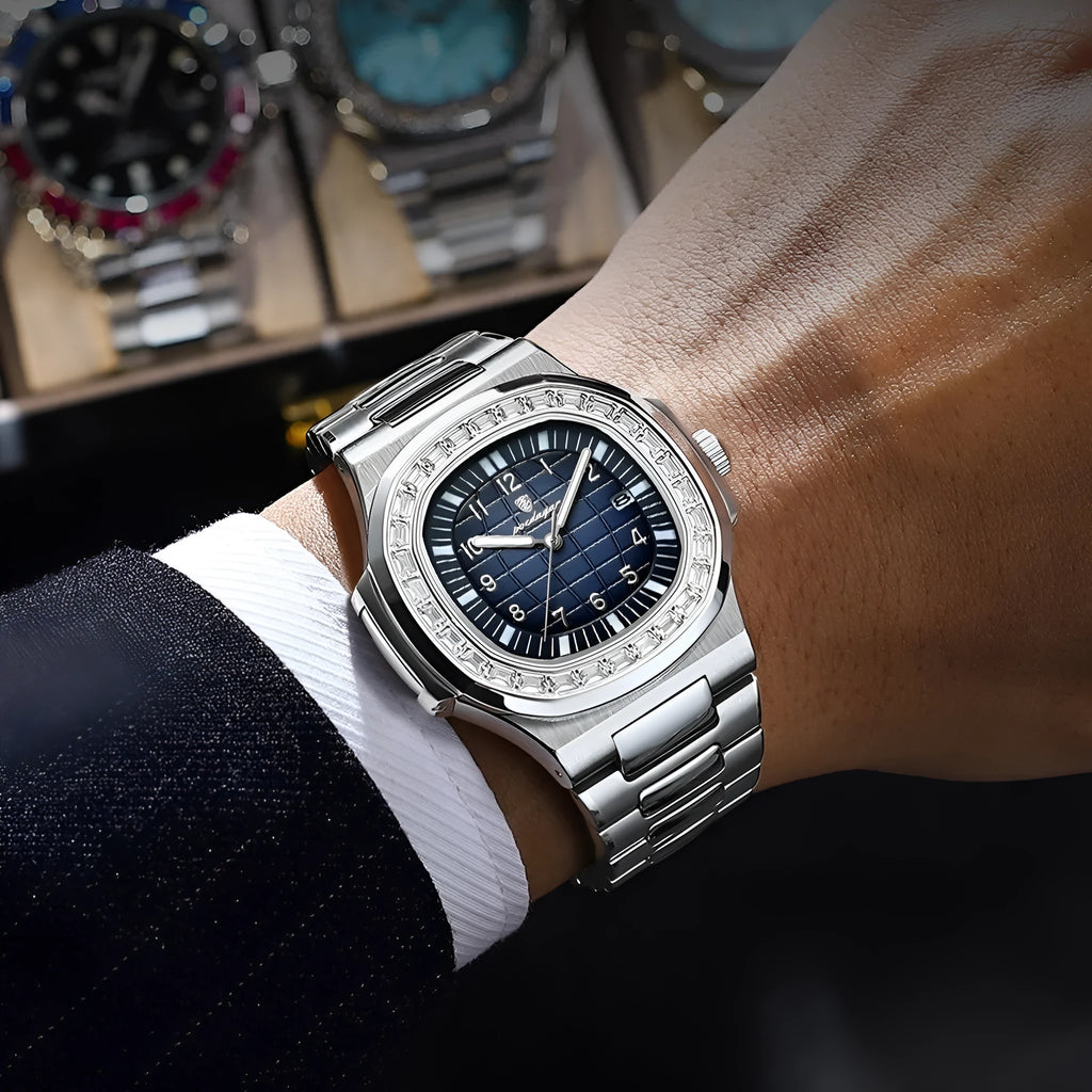 Men's quartz watch with 41.5mm dial, stainless steel strap, alloy case, and luminous waterproof design