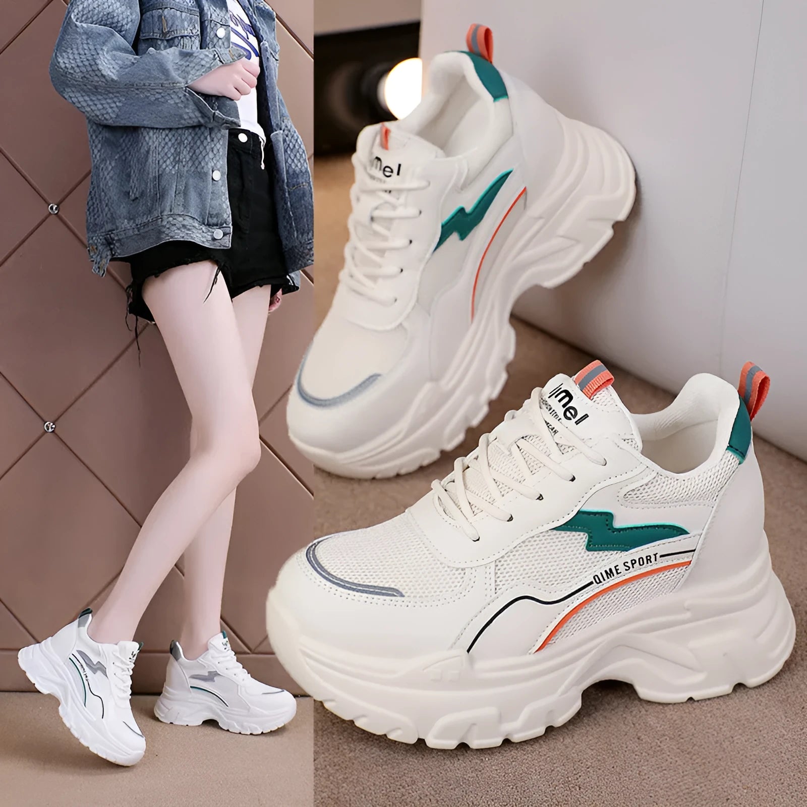 Women's white beige height increasing dad shoes with mesh upper and cross straps.