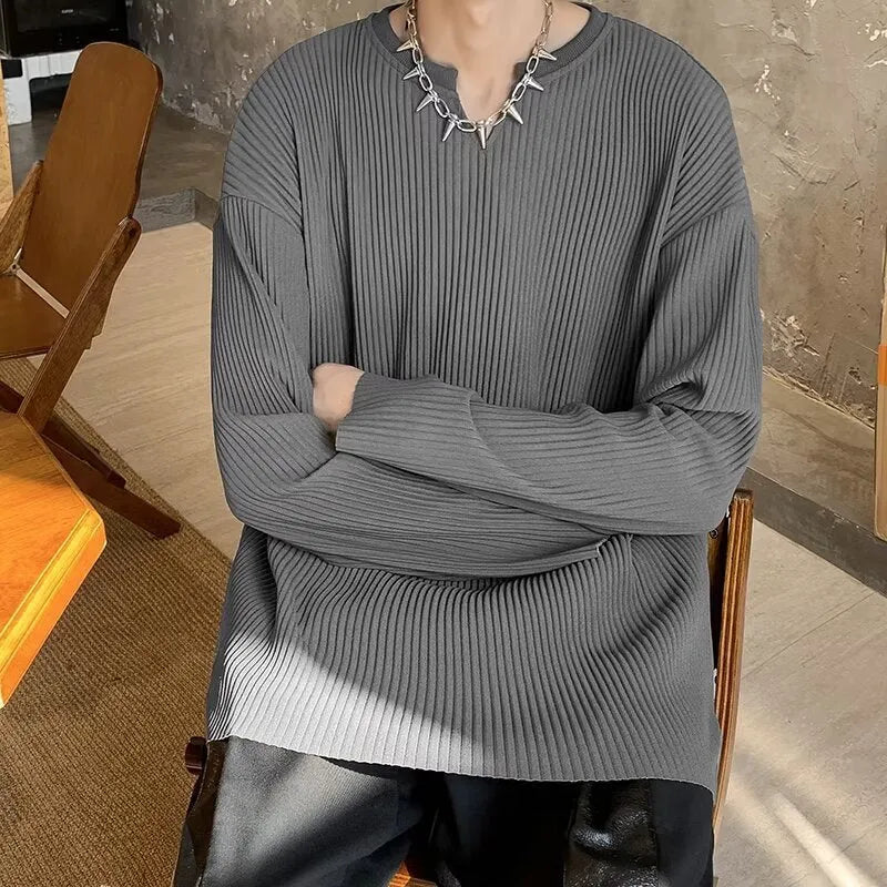Plus size striped texture pullover jumper in black colour with long sleeves and loose fit design