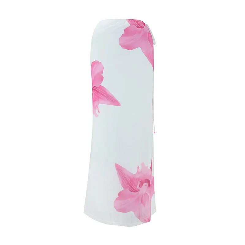 Summer women's double-layer tie-draped long pencil skirt in milk silk fabric, pink colour, front view