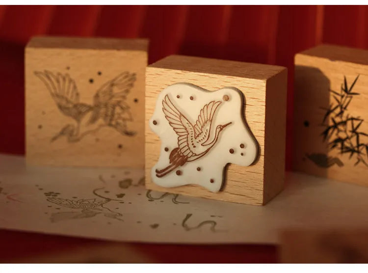 Wooden stamp with rubber printing surface featuring traditional Chinese crane design
