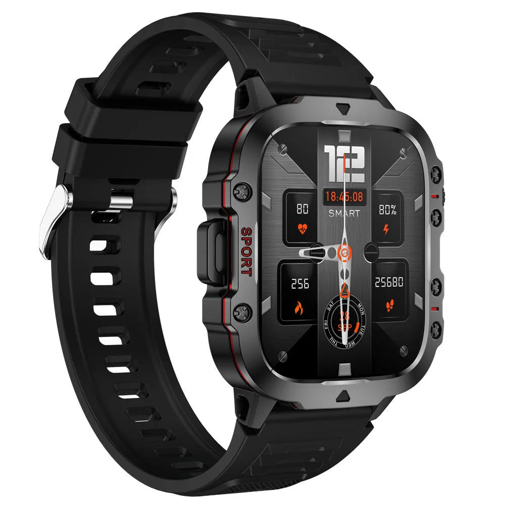 QX11 Smart Watch in black with zinc alloy case and touch screen displaying heart rate and step count.