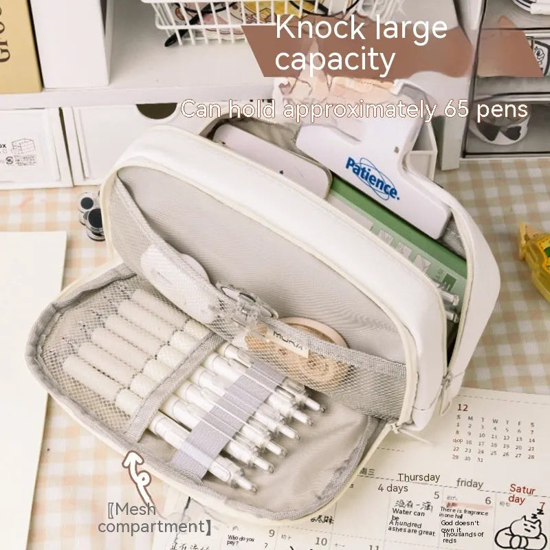 Korean style canvas pencil case in beige, blue, grey, and green colour options with large capacity for approximately 80 pens