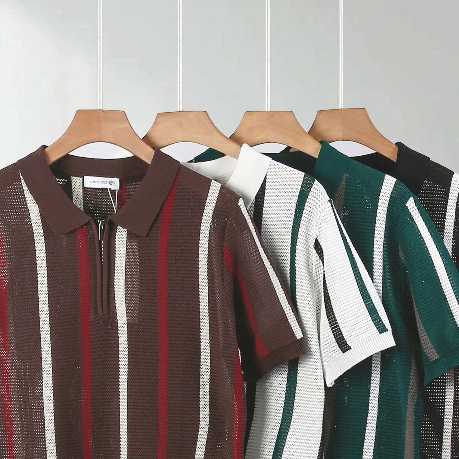 Men's short-sleeved polo shirt in hollow mesh knit with decorative zip details and loose fit for summer