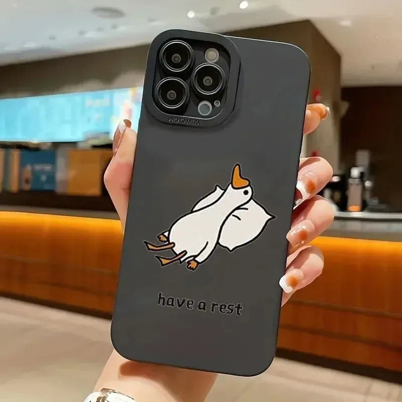 Creative cartoon duck TPU phone case for Apple iPhone in black, white and blue with carved animal design