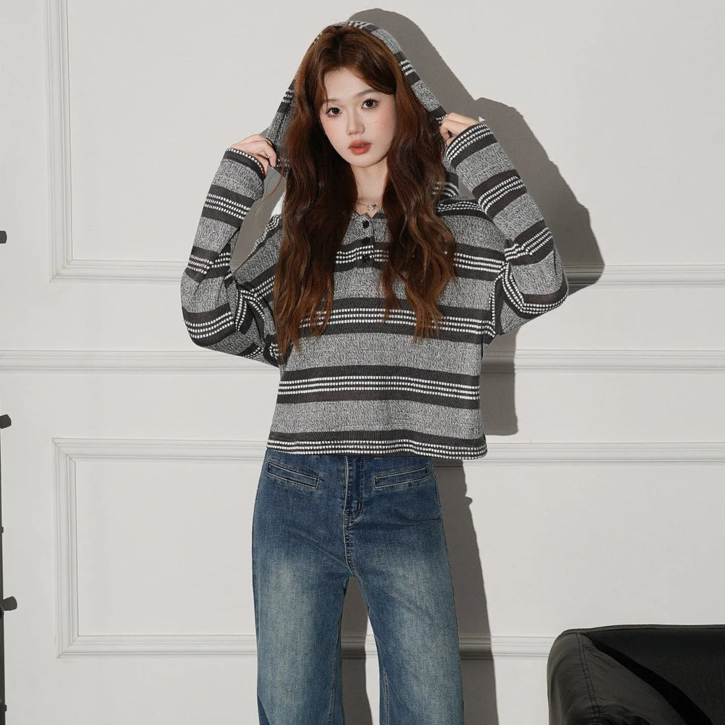 Striped button hooded long sleeve knitwear for women, loose fit, short 40cm length, Dark Coffee colour