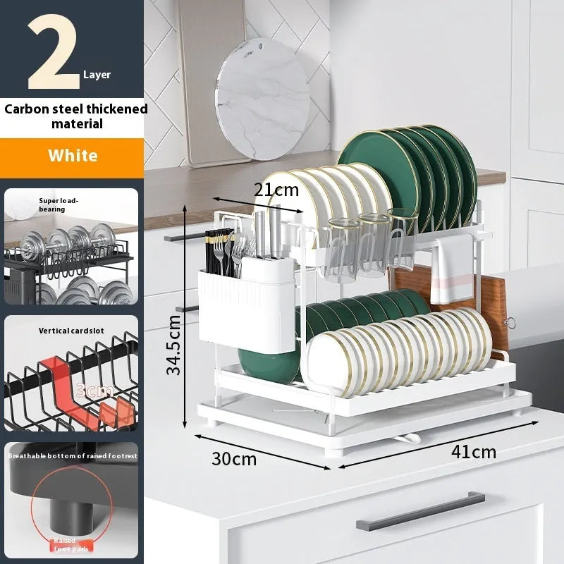 White double layer kitchen storage rack with removable draining section on countertop
