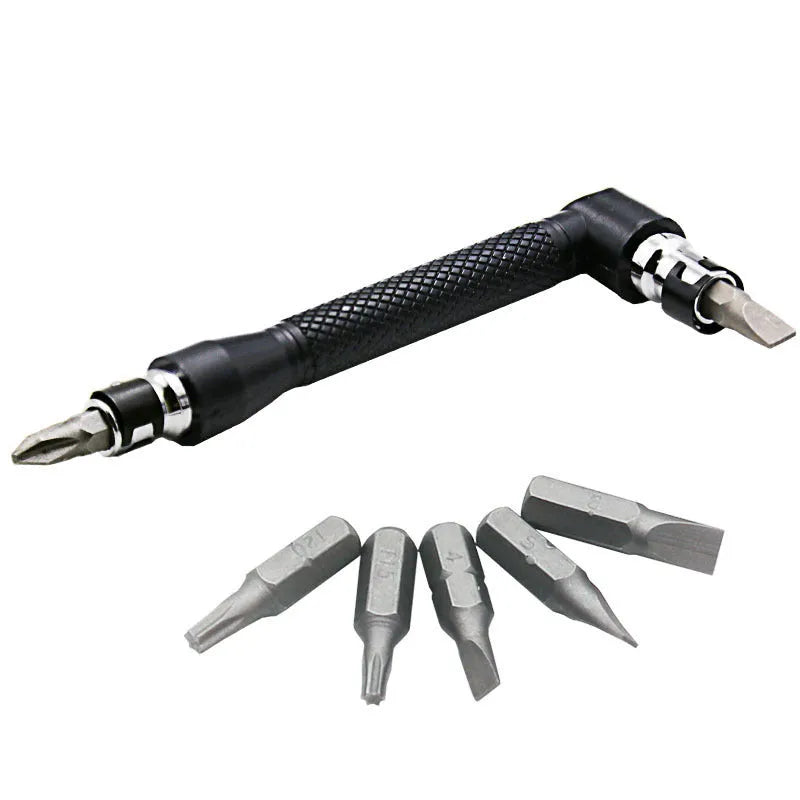 L-shaped double-headed socket wrench with ten steel bits in connecting rod handle configuration