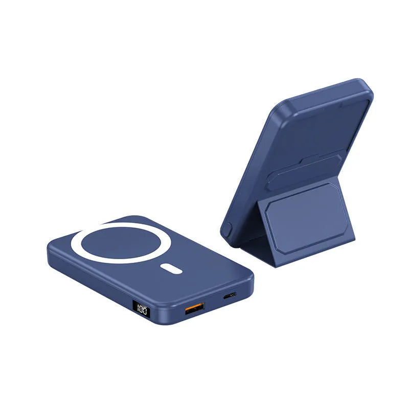 Magnetic wireless charging power bank with folding stand unfolded, shown in navy blue colour.