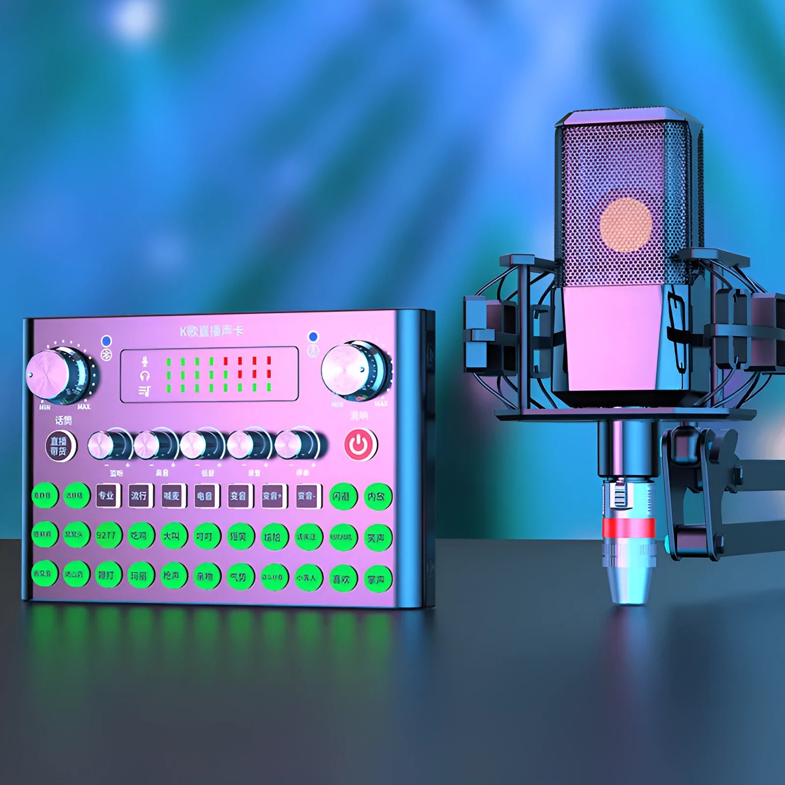 F007plus live broadcast sound card with condenser microphone and mounting bracket for mobile and computer streaming