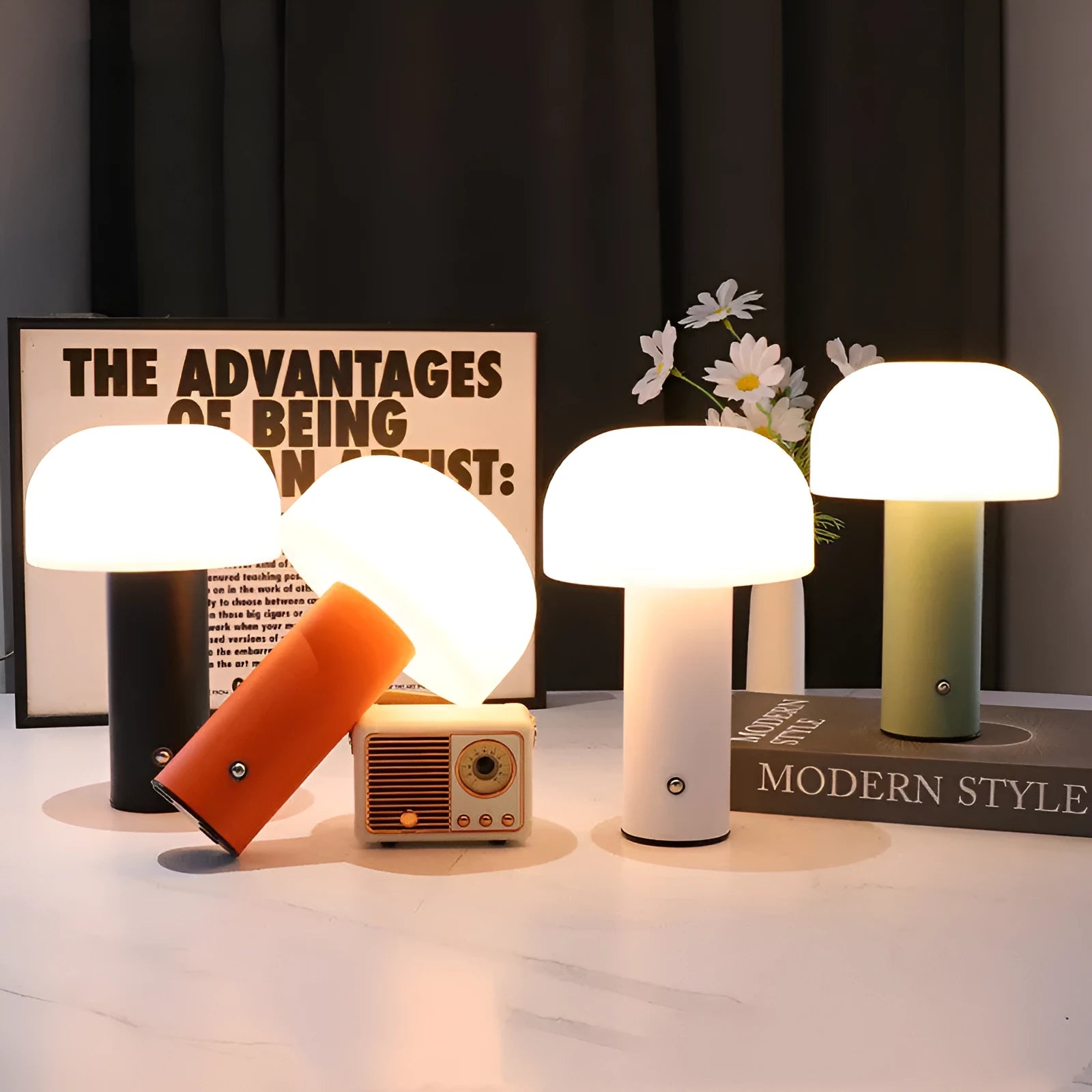 USB-powered decorative table lamp in black, green, orange, or white colour options