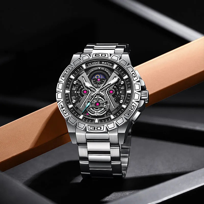 Men's black stainless steel multifunction quartz watch with luminous rotating dial and 13mm thick case