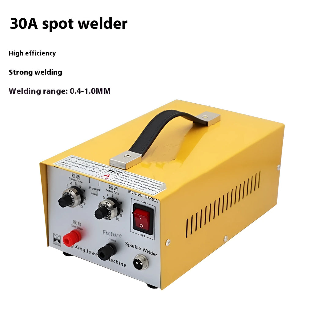 30A jewellery spot welder with foot pedal, DC current, 35x20x14cm, including pedestal, power cord, foot switch and soldering tweezers