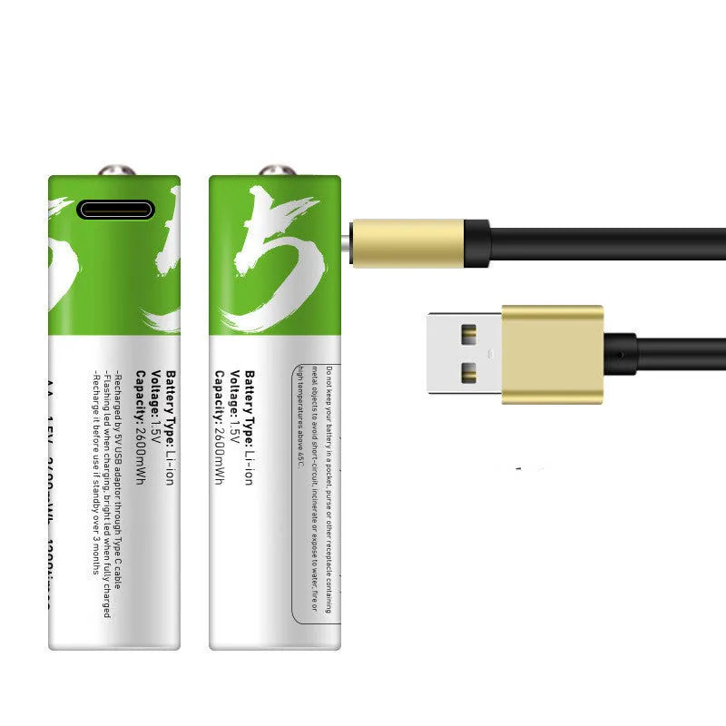 AA and AAA rechargeable lithium batteries with USB charging cable, 1.5V, 2600mWh and 750mWh capacity