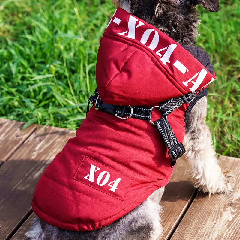 Red fleece-lined waterproof dog coat with hood on a small dog, showing casual style and fit.