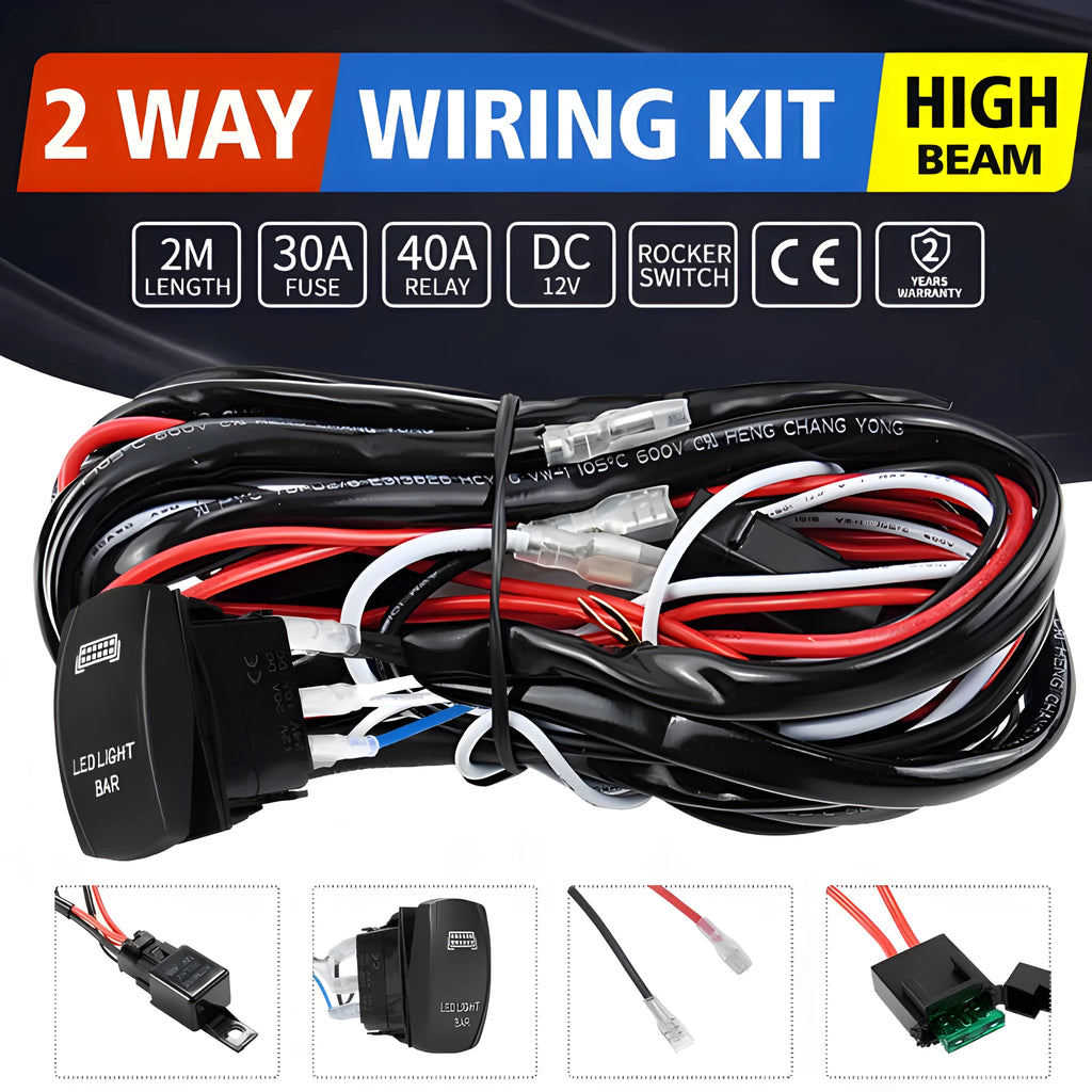 Off road LED spotlight cable set showing black 2 metre wire harness with integrated switch for vehicle lighting modification