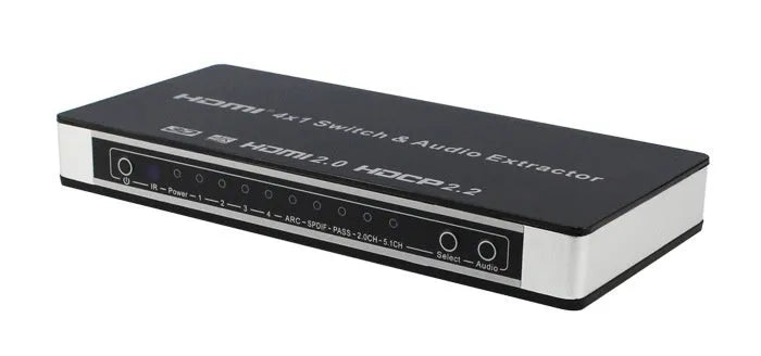 Black HDMI audio-video switch with 4 input ports and 1 output port, remote control included
