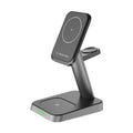 Black vertical wireless charger showing phone charging position and integrated watch charging area