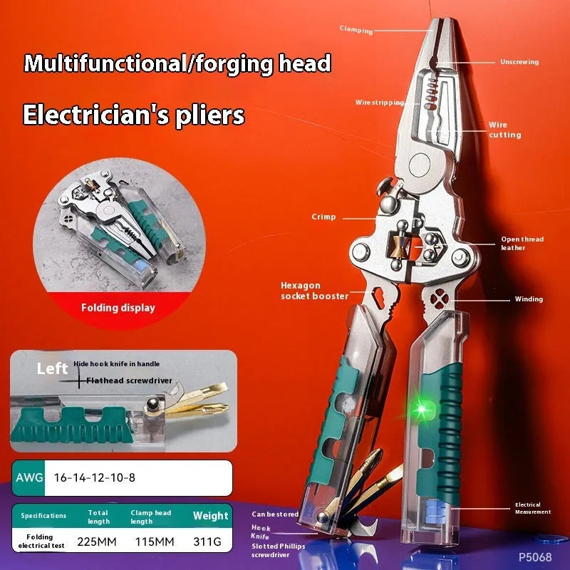 Electricians' multi-functional pointed pliers and wire stripper tool made of steel.
