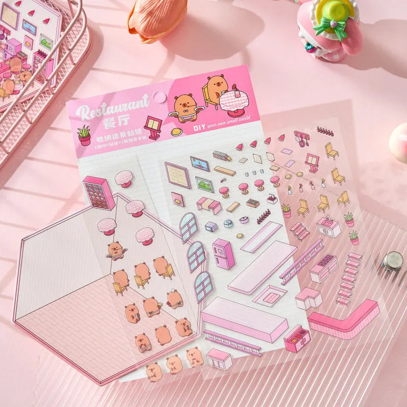 Capabala pre-cut three-dimensional cartoon shop landscape stickers in eight colour themes on a PET sheet.
