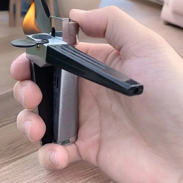 Refillable metal pipe lighter with foldable design showing silver square cover and compact 9.2cm size