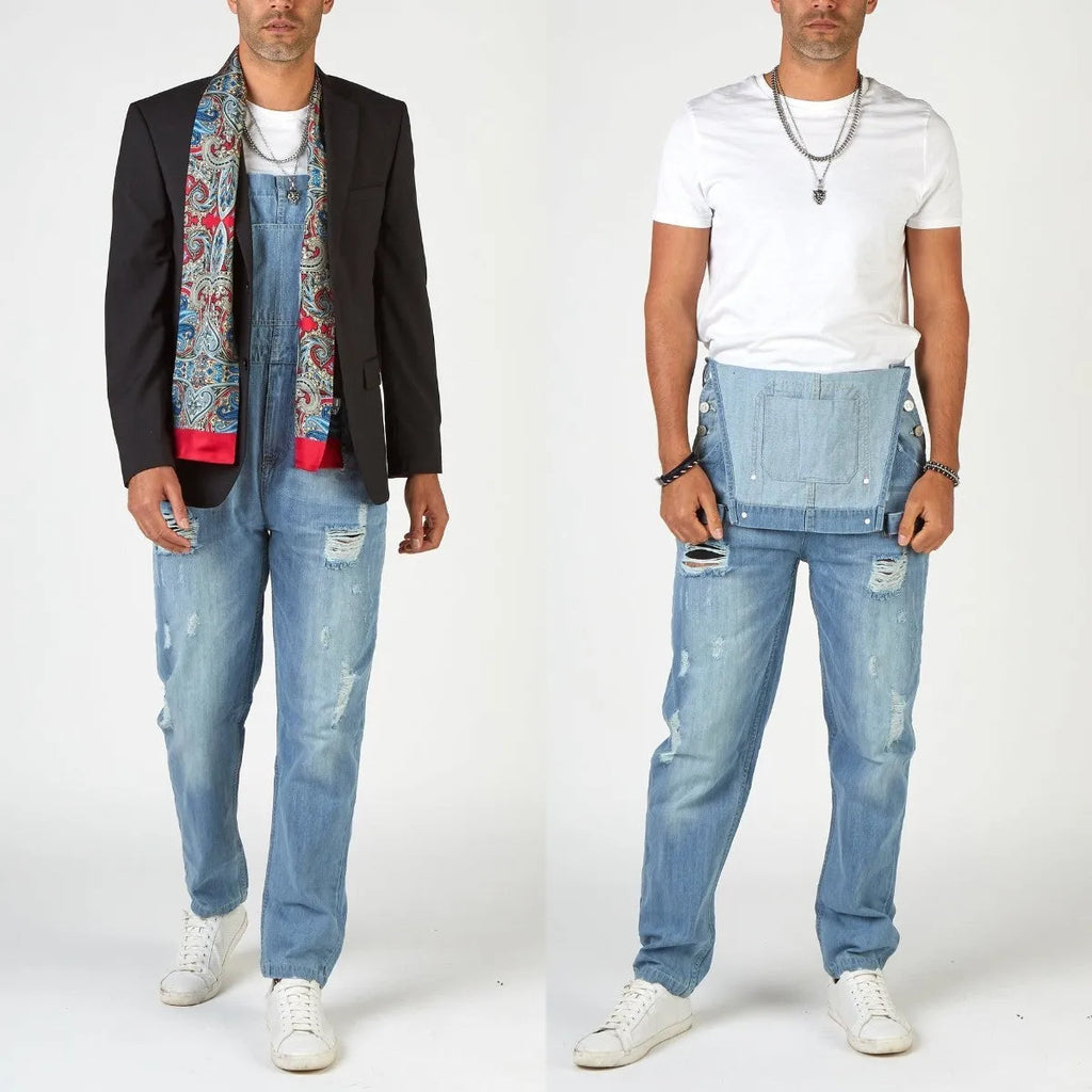 Men's light blue denim suspender pants with high waist and straight leg retro styling