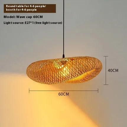 Natural bamboo straw hat shaped pendant ceiling light with woven rattan shade.