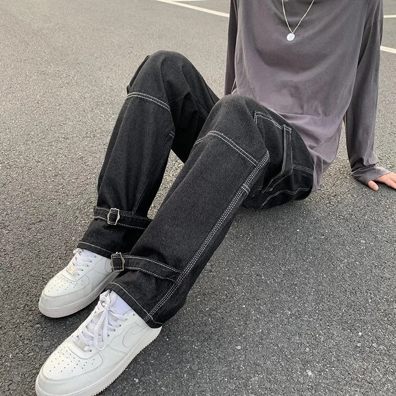 Men's wide leg linen jeans with wave dots pattern in black, dark blue, light blue
