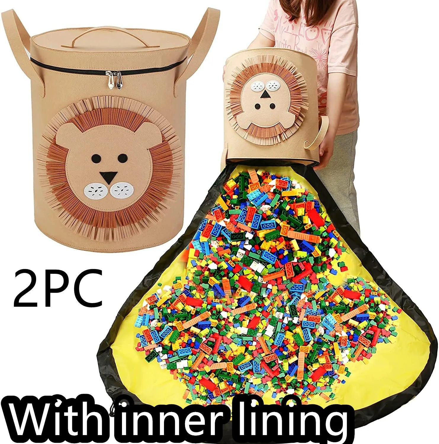 Green felt cube storage bag with pull rope, shown both as a closed bag and flattened as a play mat.