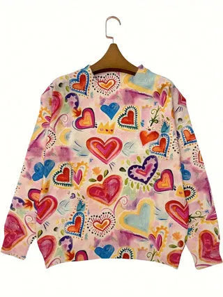 Loose fit digital printed top with V-neck collar and colourful all-over graphic pattern