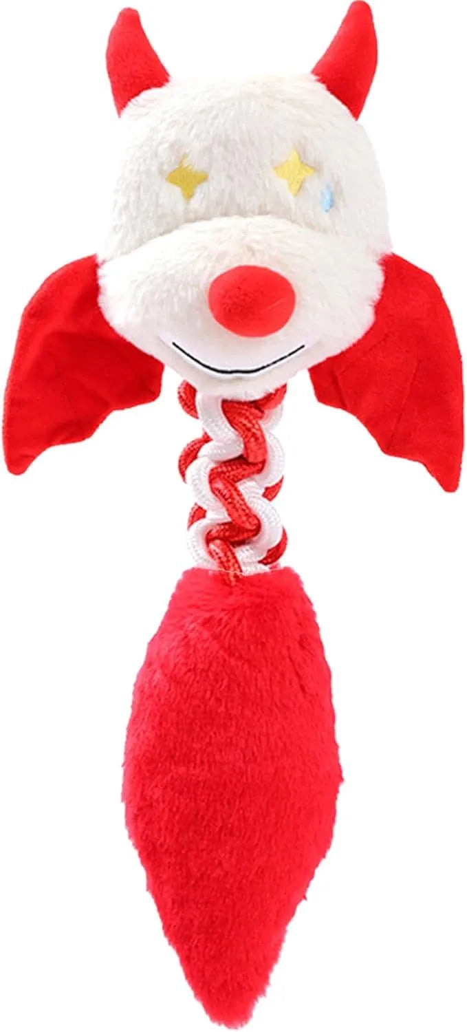 Large plush dog toy with cartoon design showing rope knot and available in black, green, or red colours