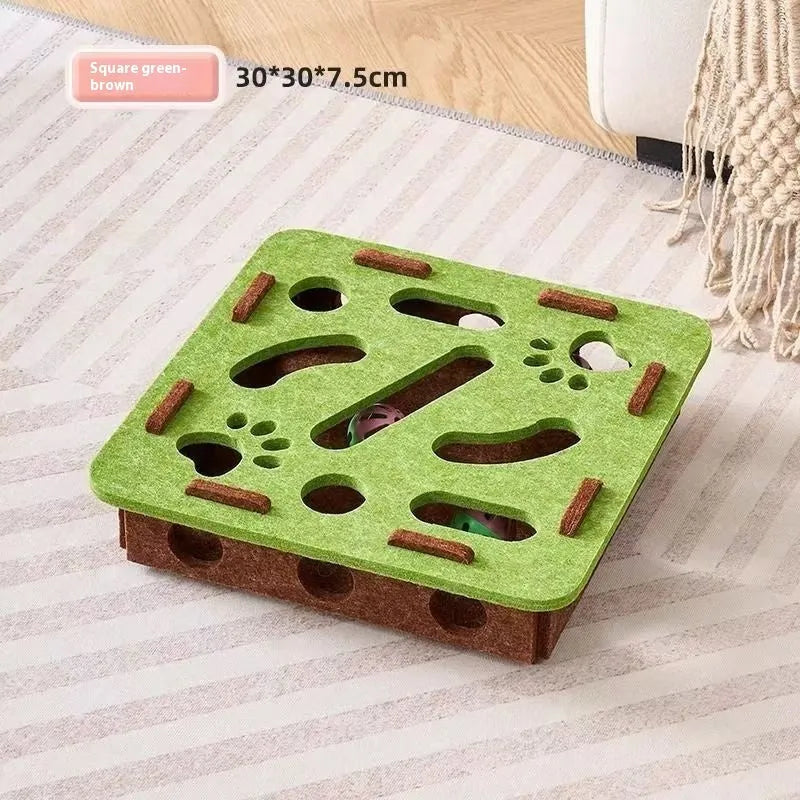 Green brown felt cat toy box with self-hi feature measuring 30cm square