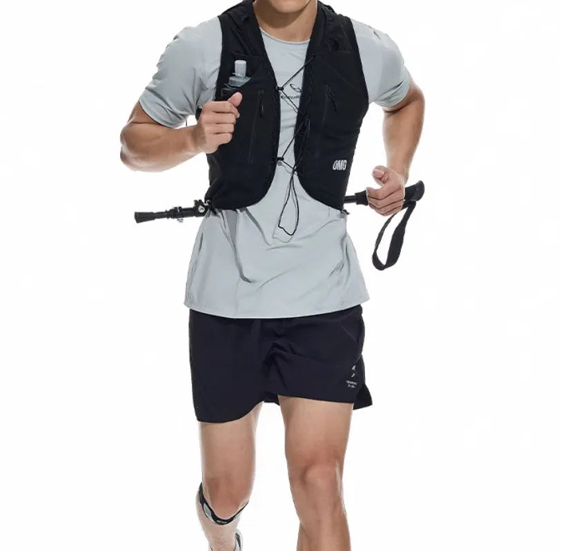 Black and blue four-point stretch running shorts with laser punching stitching on a mannequin.