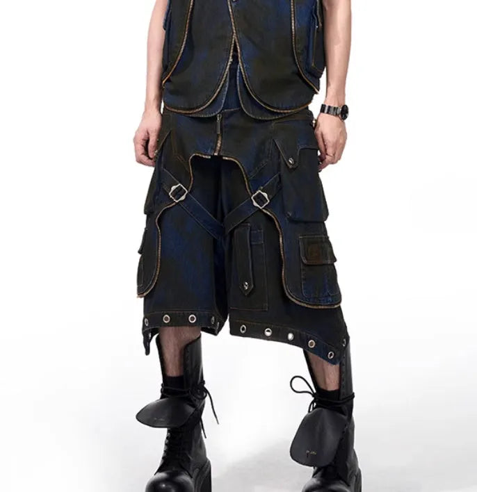 Blue heavy industry style hooded denim vest coat with matching trousers laid flat.