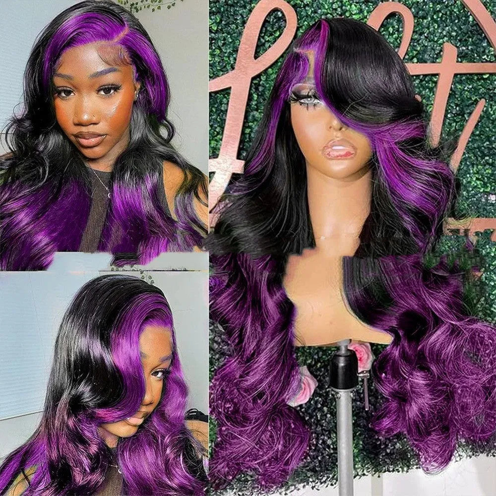 Gradient purple human hair lace front wig with Ruili waves on a mannequin head.