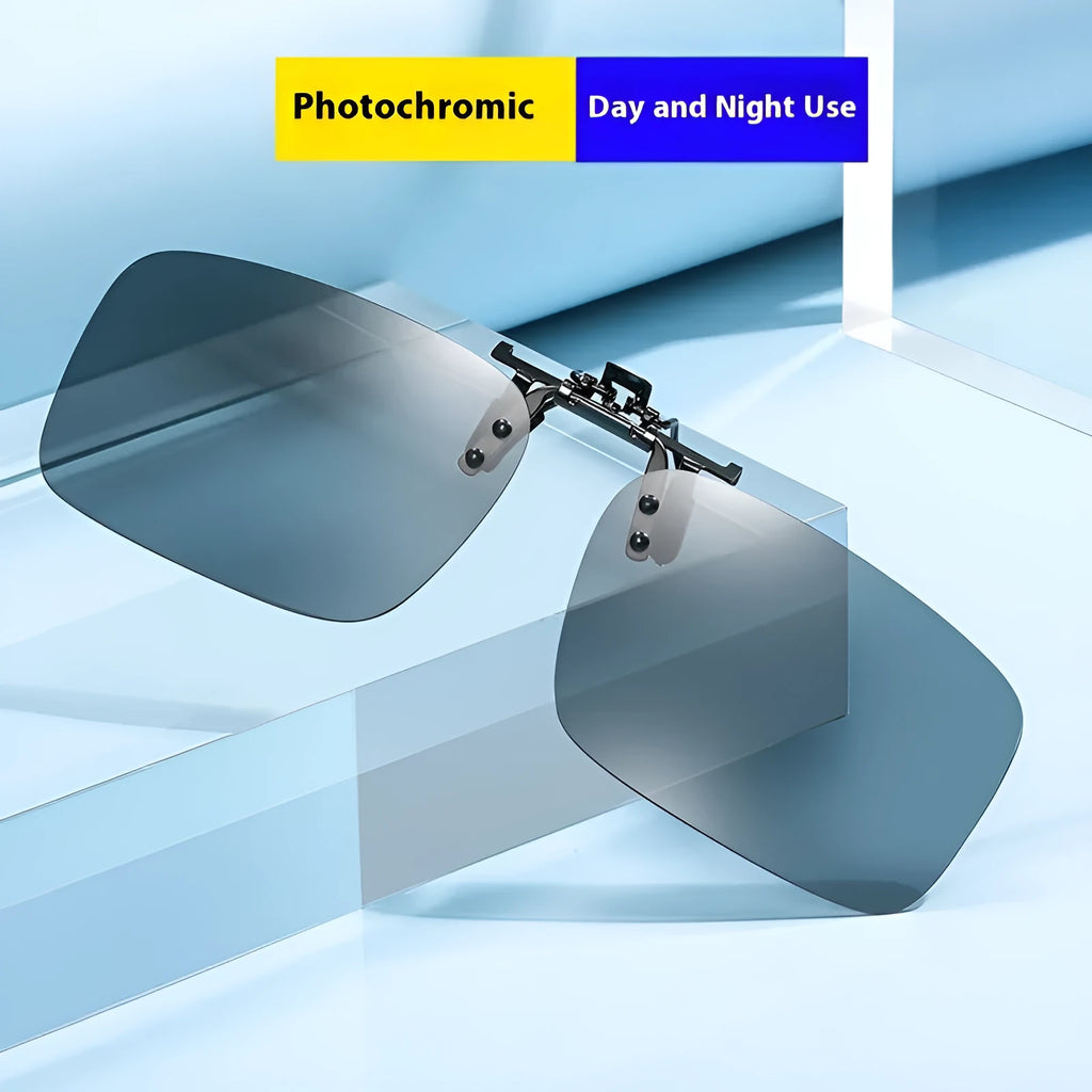 Transparent colourless resin polarised clip-on sunglasses with dual-purpose day and night modes for driving