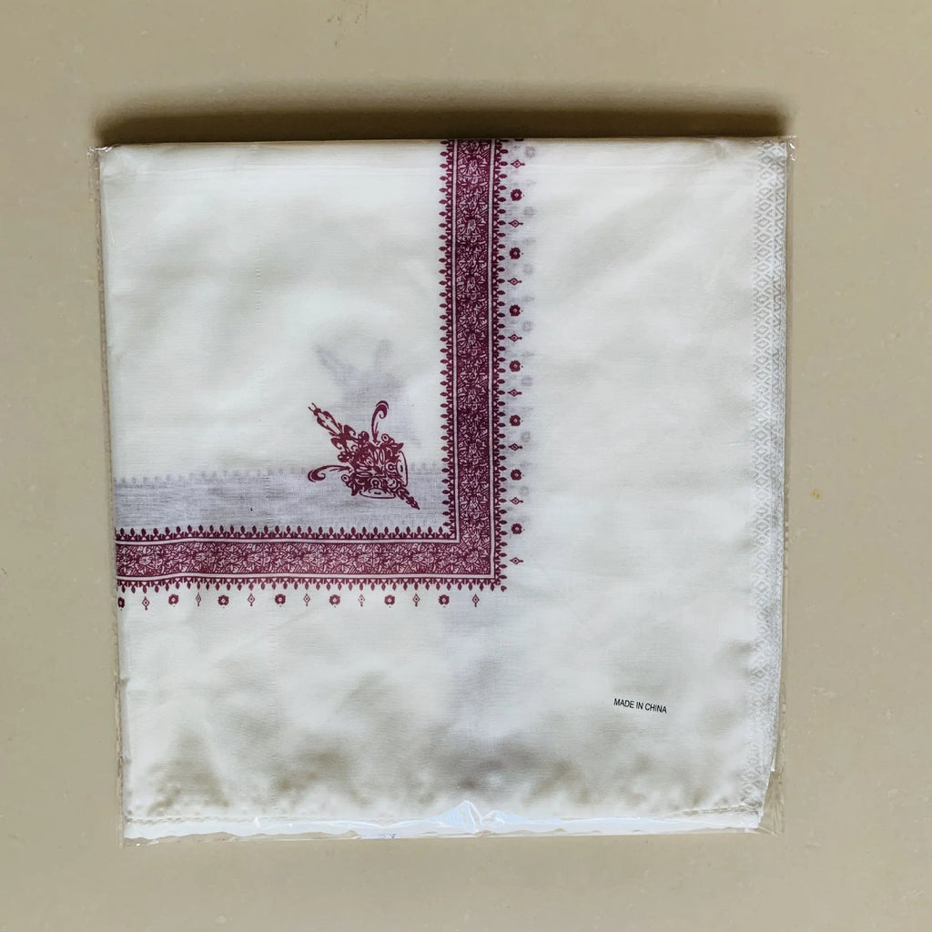 A large brown printed square polyester scarf laid flat, showing its 138x138 cm size.