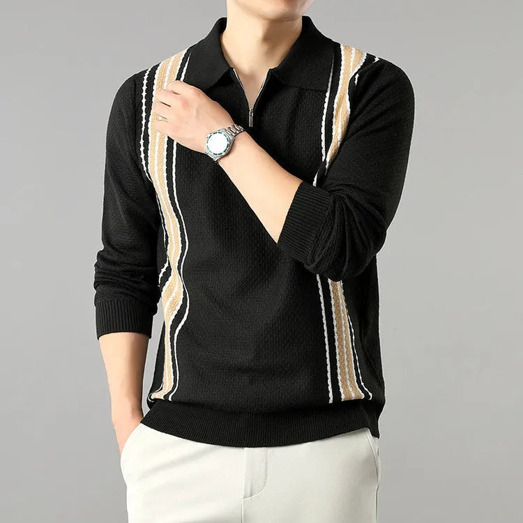Men's half-zip long sleeve polo sweater in camel yellow with striped colour block pattern and turn-down collar.