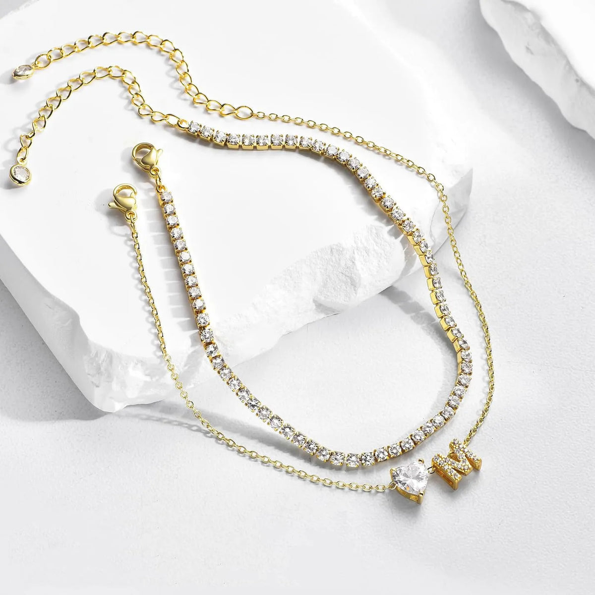 Copper initial anklet with zircon letter and double ring design, available in bead zircon or claw chain zircon