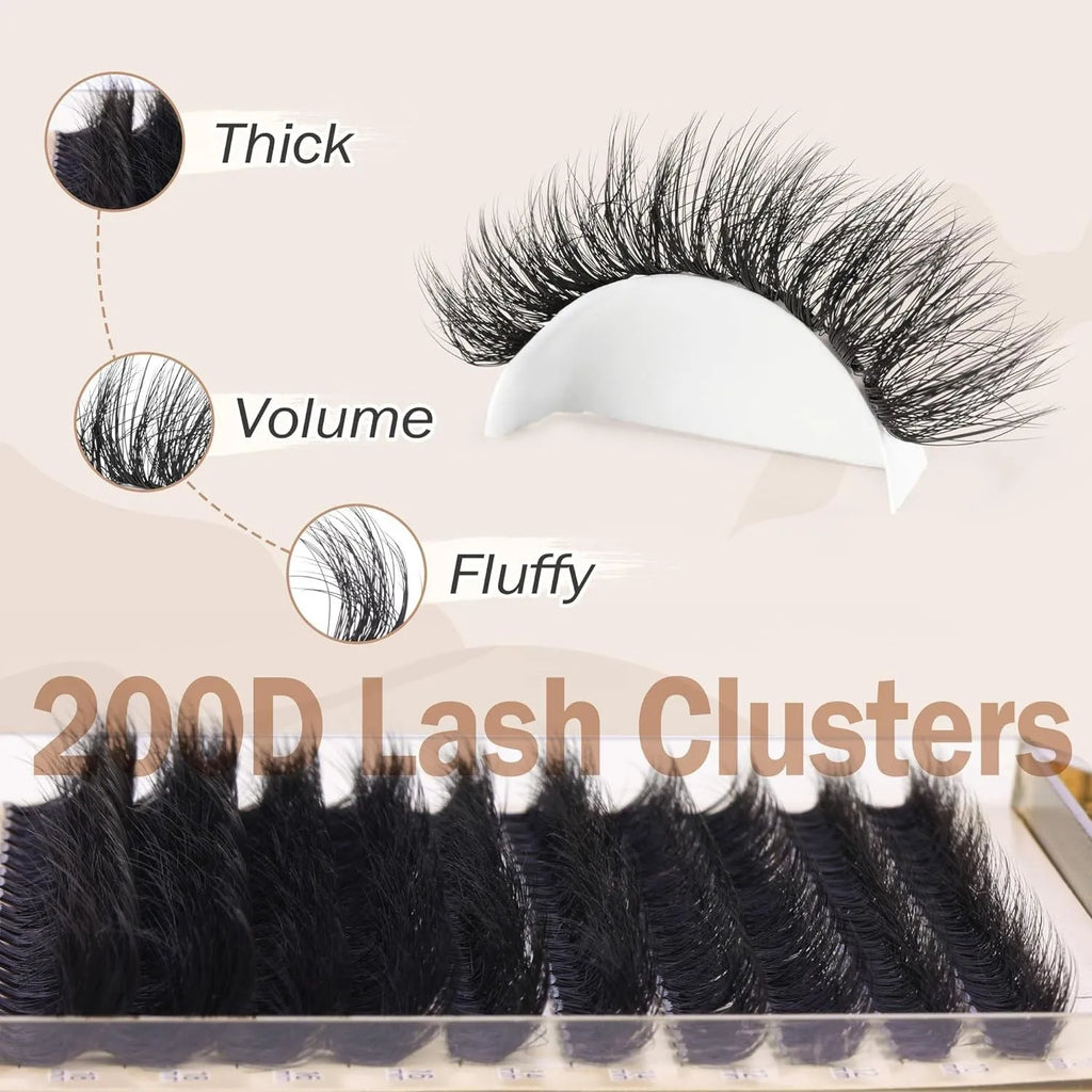 Fluffy faux mink segmented eyelashes 200D density on a white tray with tweezers
