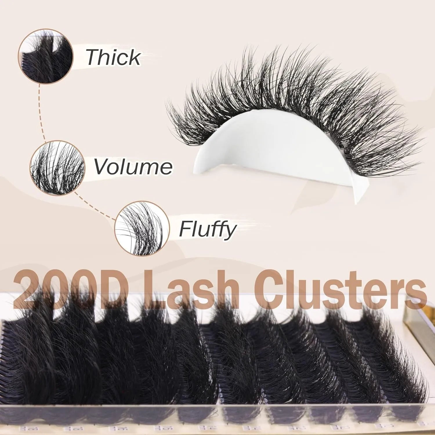 Fluffy faux mink segmented eyelashes 200D density on a white tray with tweezers