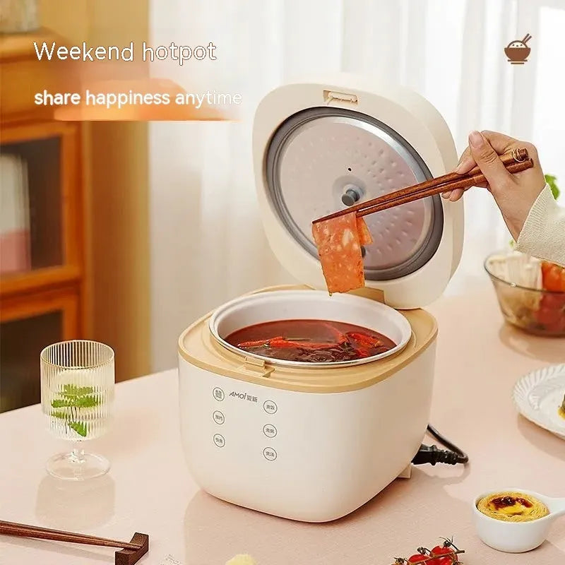 White intelligent multi-function rice cooker with 3L black crystal inner pot and steamer basket