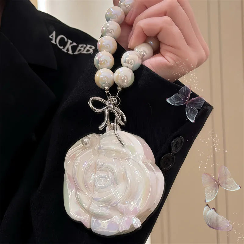 Laser pearlescent white camellia silicone earphone case for Apple AirPods with lanyard