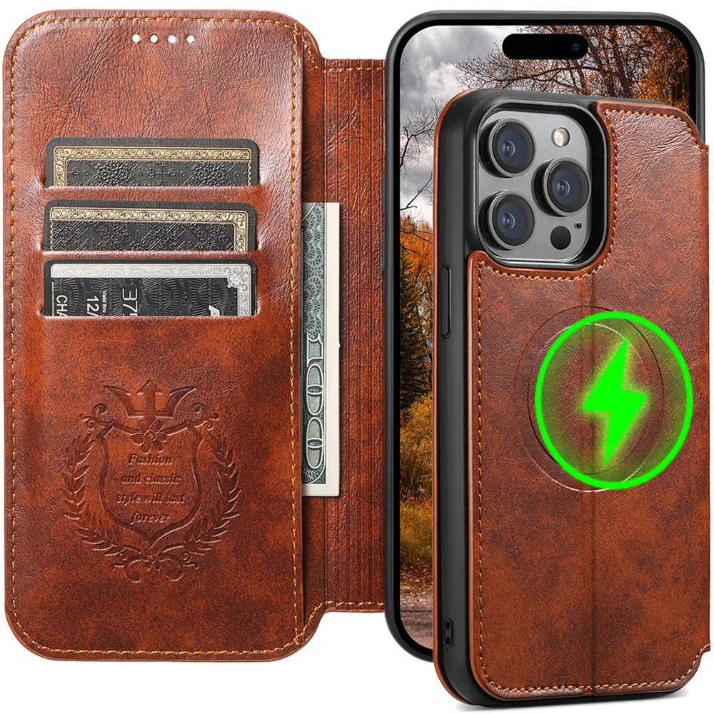 Magnetic wireless charger protective leather case phone case with bracket and card slot in J05 Black