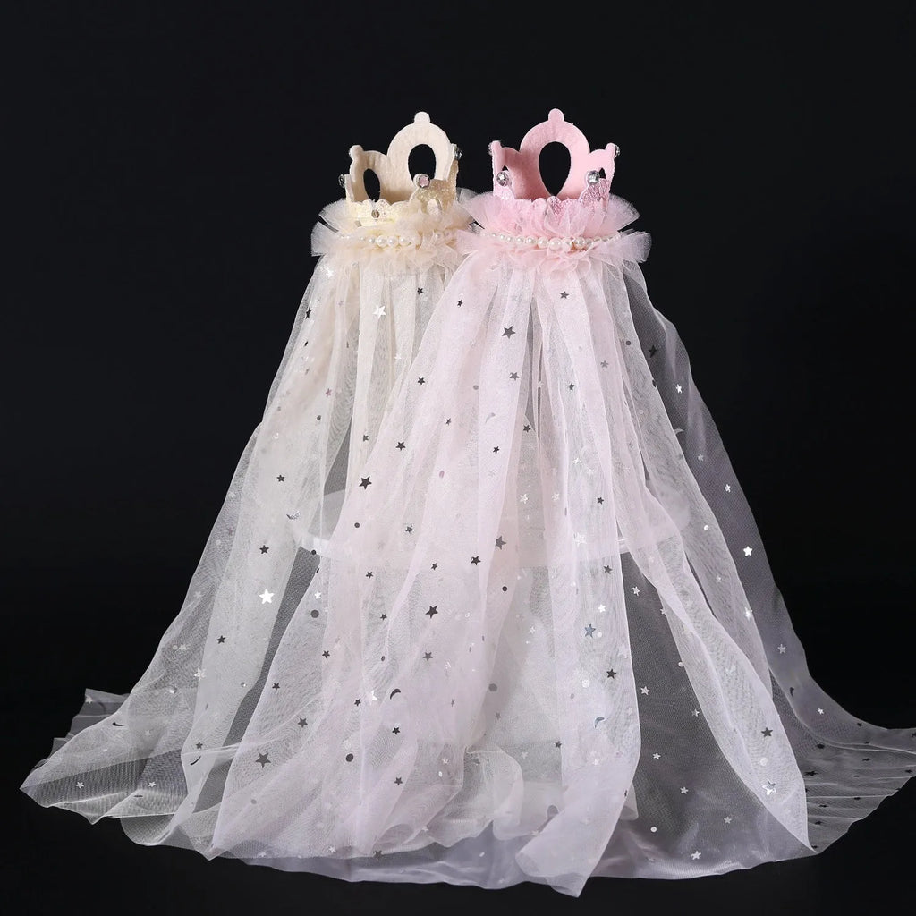 Princess crown headdress for cats with beige or pink veil options